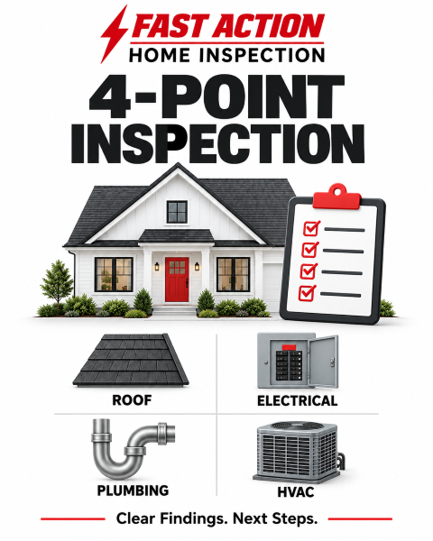 Fast Action Home Inspection 4-point inspection infographic showing roof, electrical, plumbing, and HVAC systems