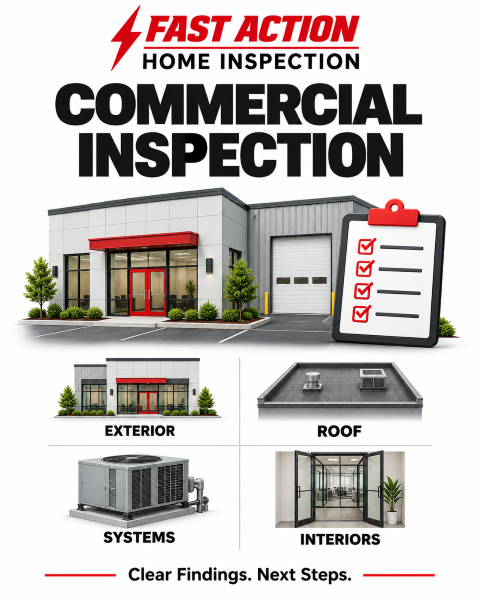 Fast Action commercial inspection infographic showing building exterior, roof, systems, and interiors