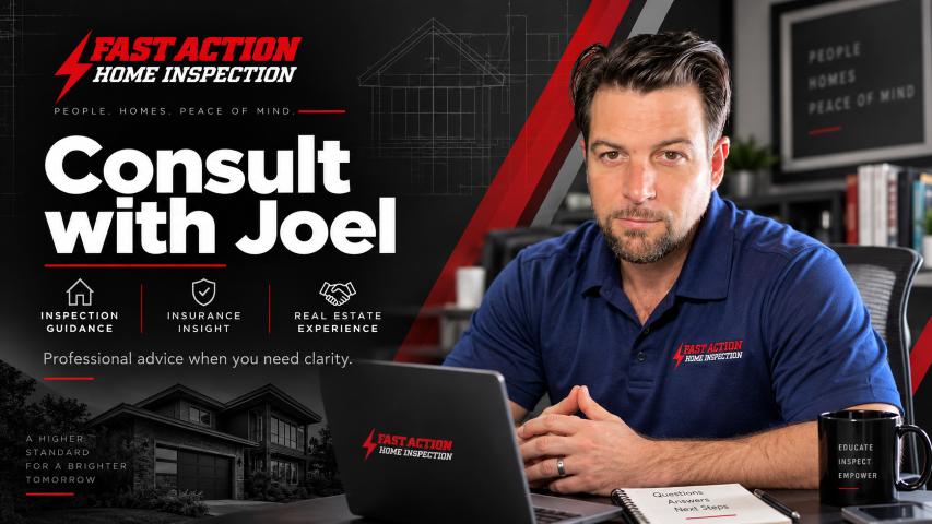 Consult with Joel—Fast Action Home Inspection graphic featuring inspection, insurance, and real estate symbols.