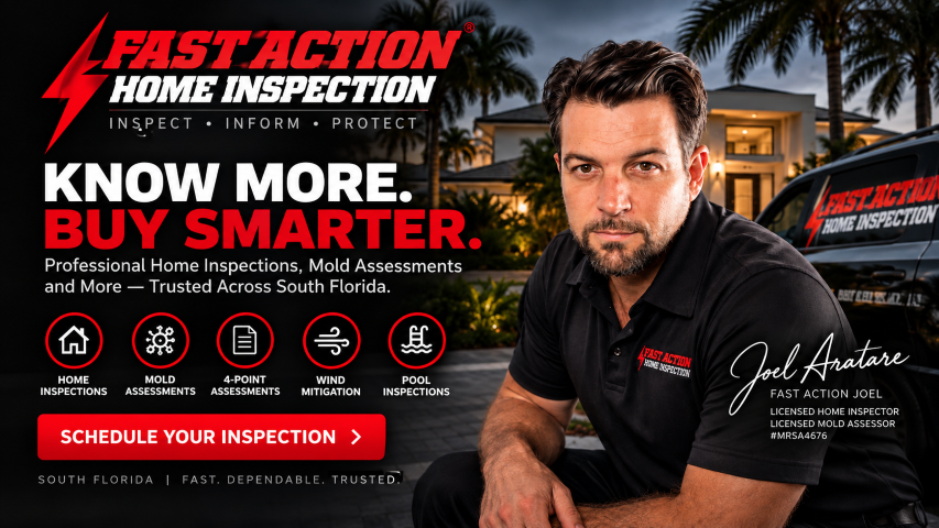 fast-action-joel-fast action-home-inspection-home Fast Action Home Inspection featured image with Joel Aratare, licensed Florida home inspector and mold assessor, promoting professional home inspections, mold assessments, 4-point inspections, wind mitigation, and pool inspections across South Florida.
