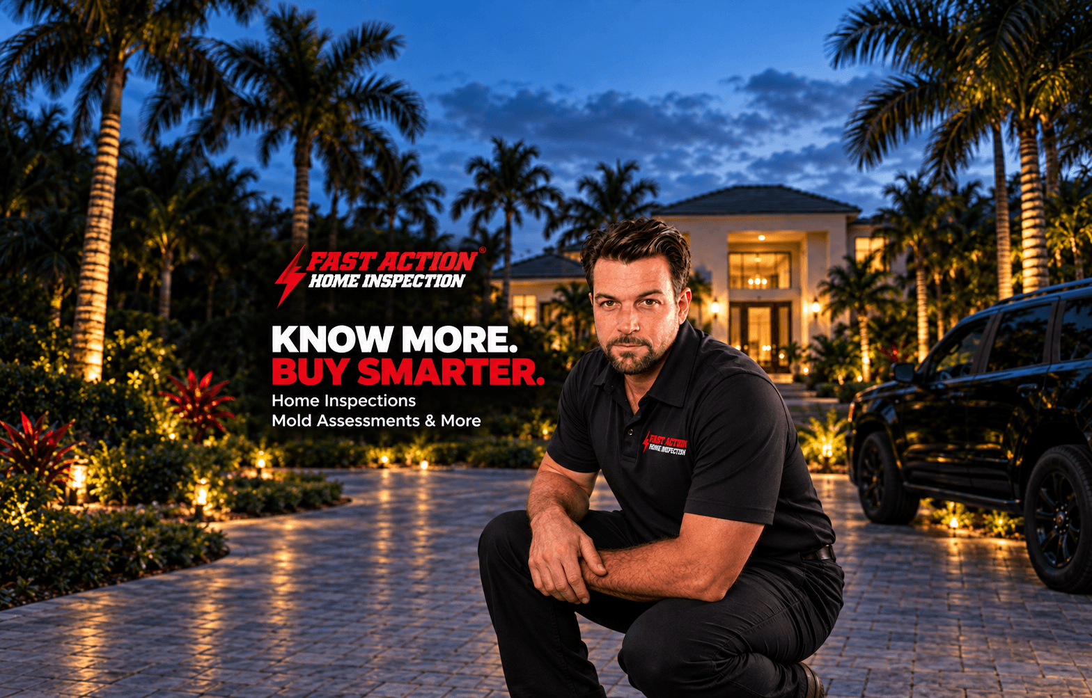 Fast Action Joel in a black company polo outside a South Florida home, with the message Know More. Buy Smarter.