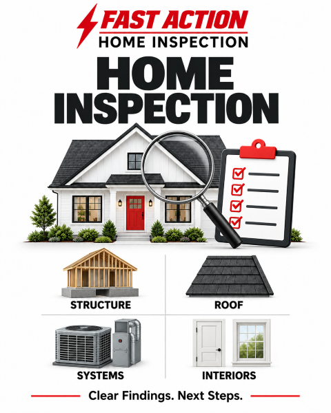 Fast Action Home Inspection infographic showing a home’s structure, roof, systems, and interiors