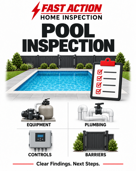 Fast Action pool inspection infographic showing pool equipment, plumbing, controls, and barriers