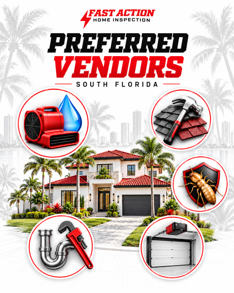 Fast Action preferred vendors in South Florida for mold remediation, roofing, pest control, plumbing, and garage door services.