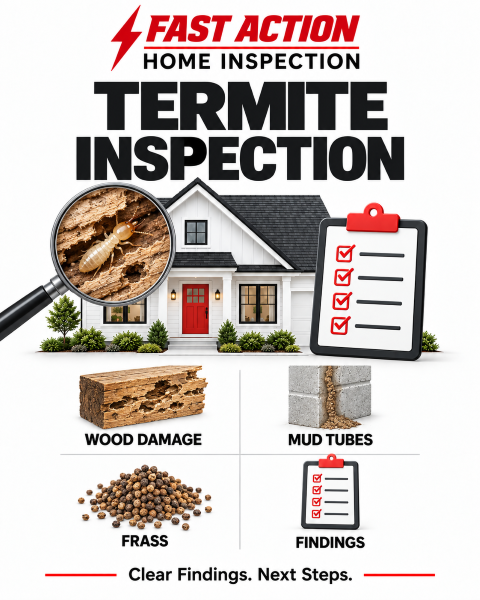 Fast Action termite inspection infographic showing wood damage, mud tubes, frass, and inspection findings