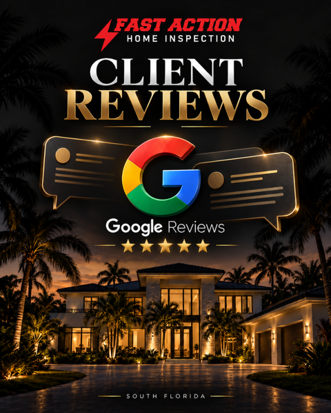 Fast Action Home Inspection client reviews graphic with Google Reviews artwork, gold stars, and a South Florida home.