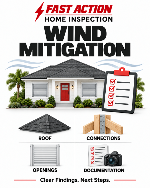 Fast Action wind mitigation infographic showing roof features, connections, opening protection, and documentation